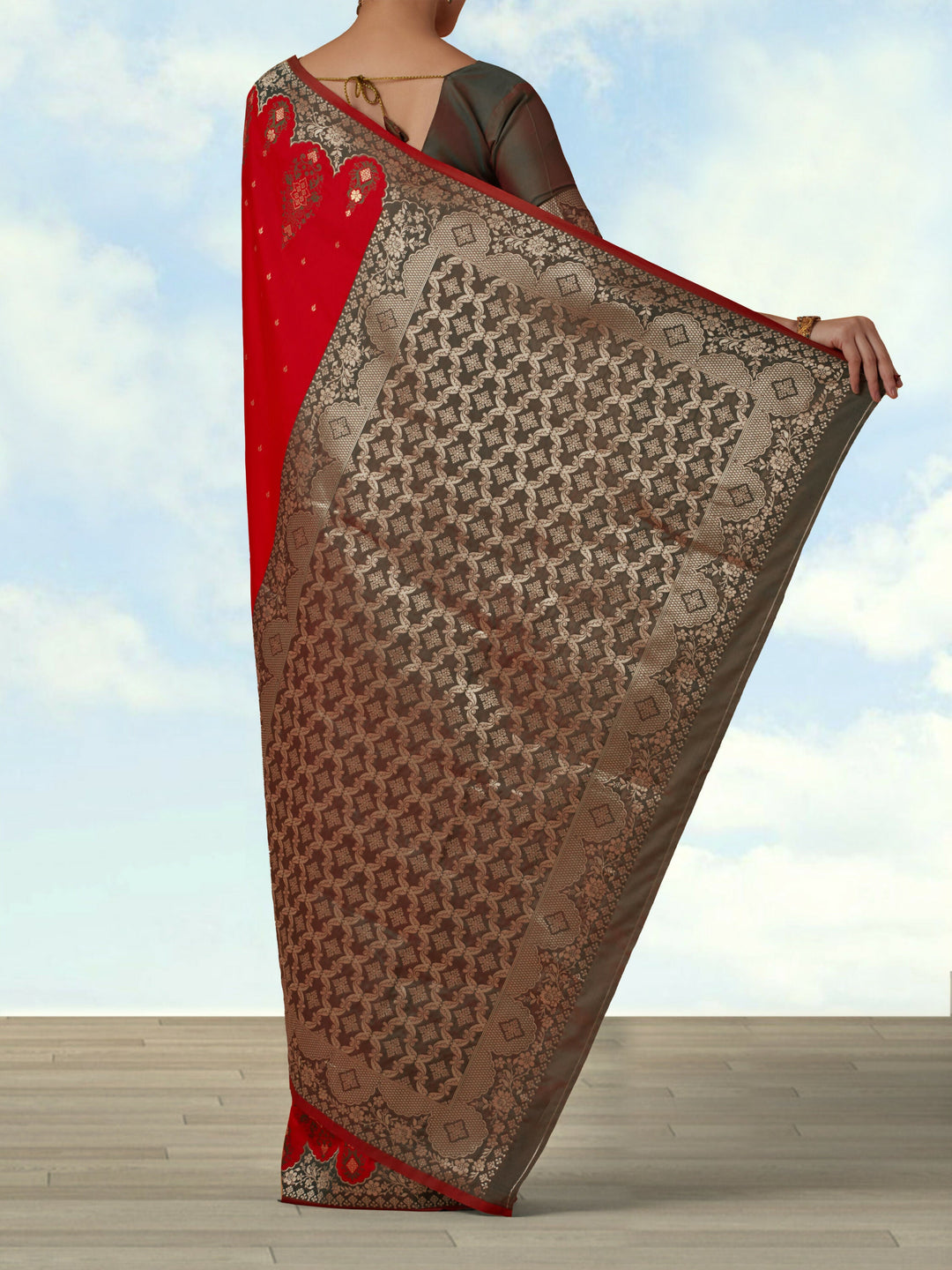 Red Semi Banarasi Silk Blend Saree with Zari Woven Work | SHOBITAM