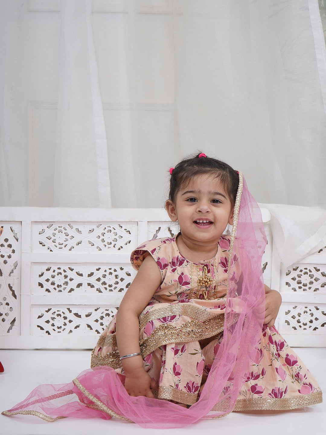 Girls Peach Cotton Lotus Lacework Kurta Sharara Set with Dupatta | SHOBITAM