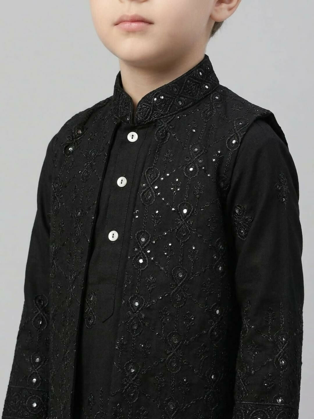 Boys Embroidered Black Kurta Pajama Set with Ethnic Jacket | SHOBITAM