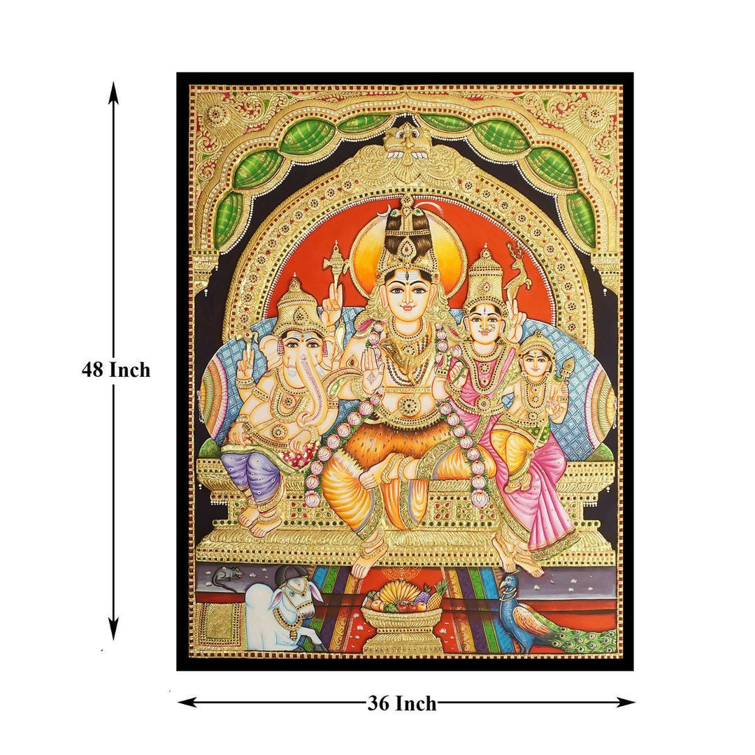 36*48 Tanjore painting of the Shiva Family Authentic With 22 Ct gold Foil and Jaipur Gemstones,Unframed | Sobitam