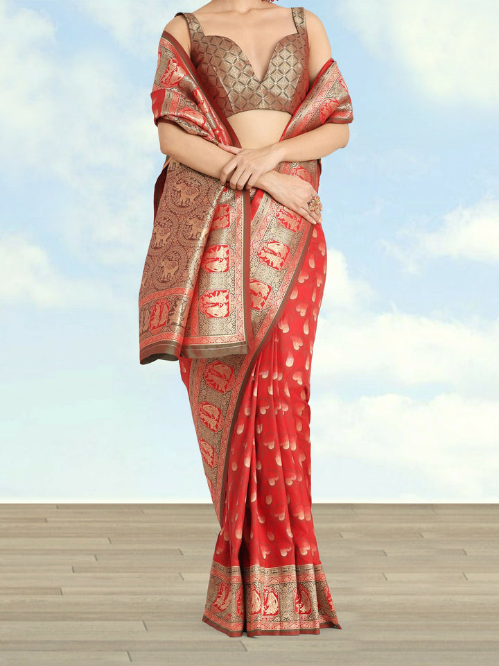 Red Color Weaving Semi Banarasi Silk Saree| SHOBITAM