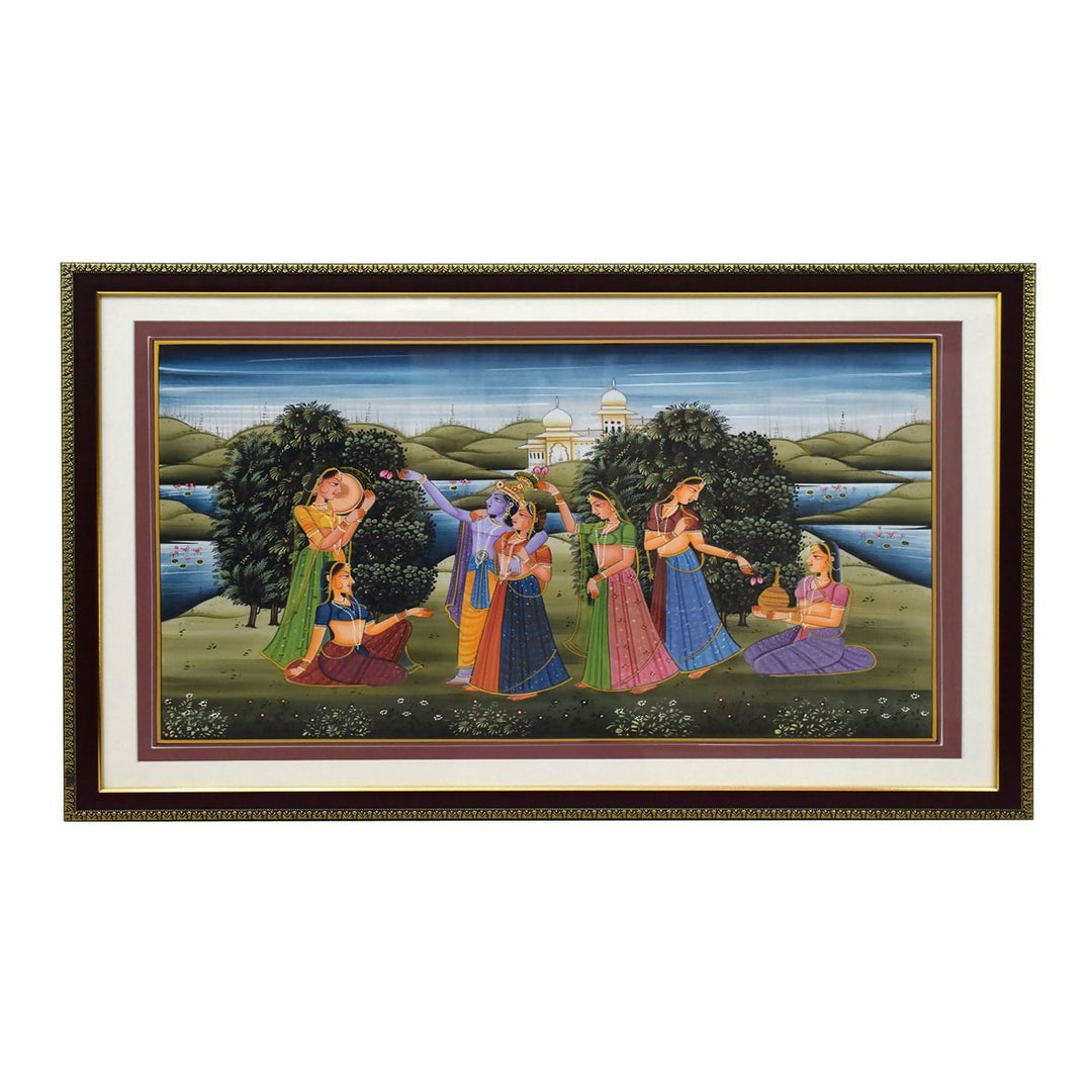 SILK PAINTING RADHA KRISHNA WITH GOPIKA 22*32*1 | SHOBITAM