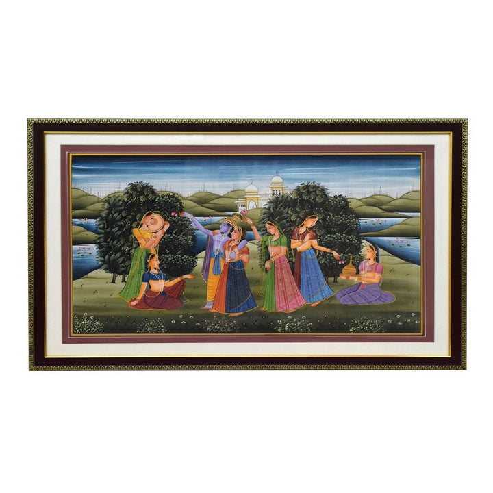 SILK PAINTING RADHA KRISHNA WITH GOPIKA 22*32*1 | SHOBITAM
