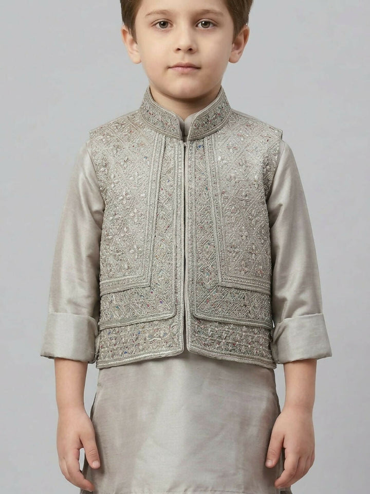 Boys Grey Kurta Pajama Set with Printed Nehru Jacket | SHOBITAM