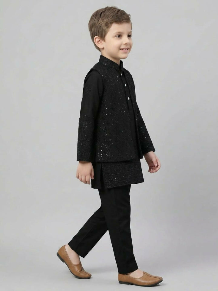 Boys Embroidered Black Kurta Pajama Set with Ethnic Jacket | SHOBITAM