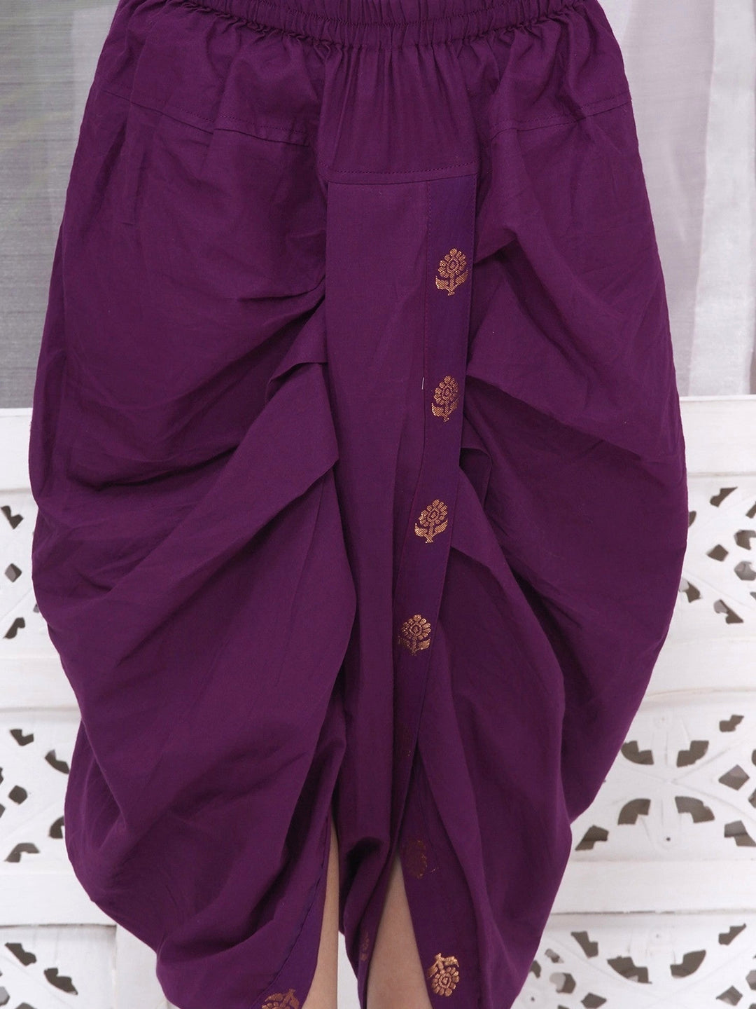 Boys Cotton Full Sleeves Kurta and Dhoti with Golden Floral Zari Work- Purple | SHOBITAM