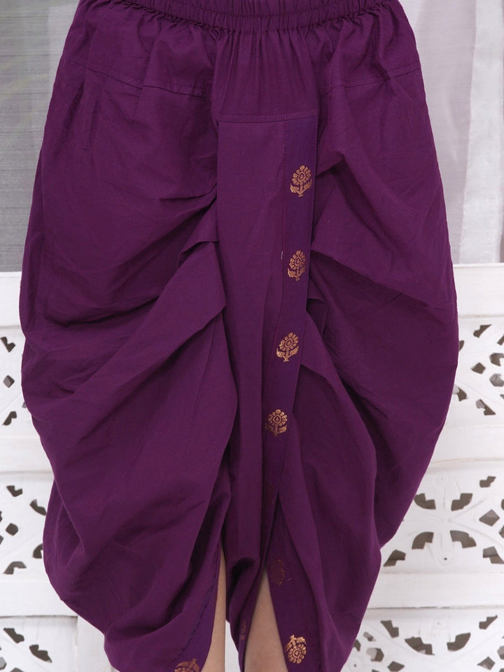 Boys Cotton Full Sleeves Kurta and Dhoti with Golden Floral Zari Work- Purple | SHOBITAM