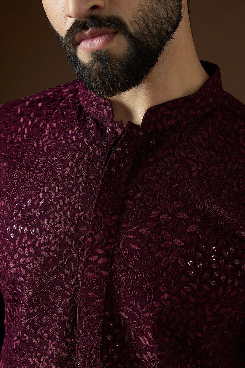 Wine Georgette Solid Embroidered Straight Kurta For Men | SHOBITAM