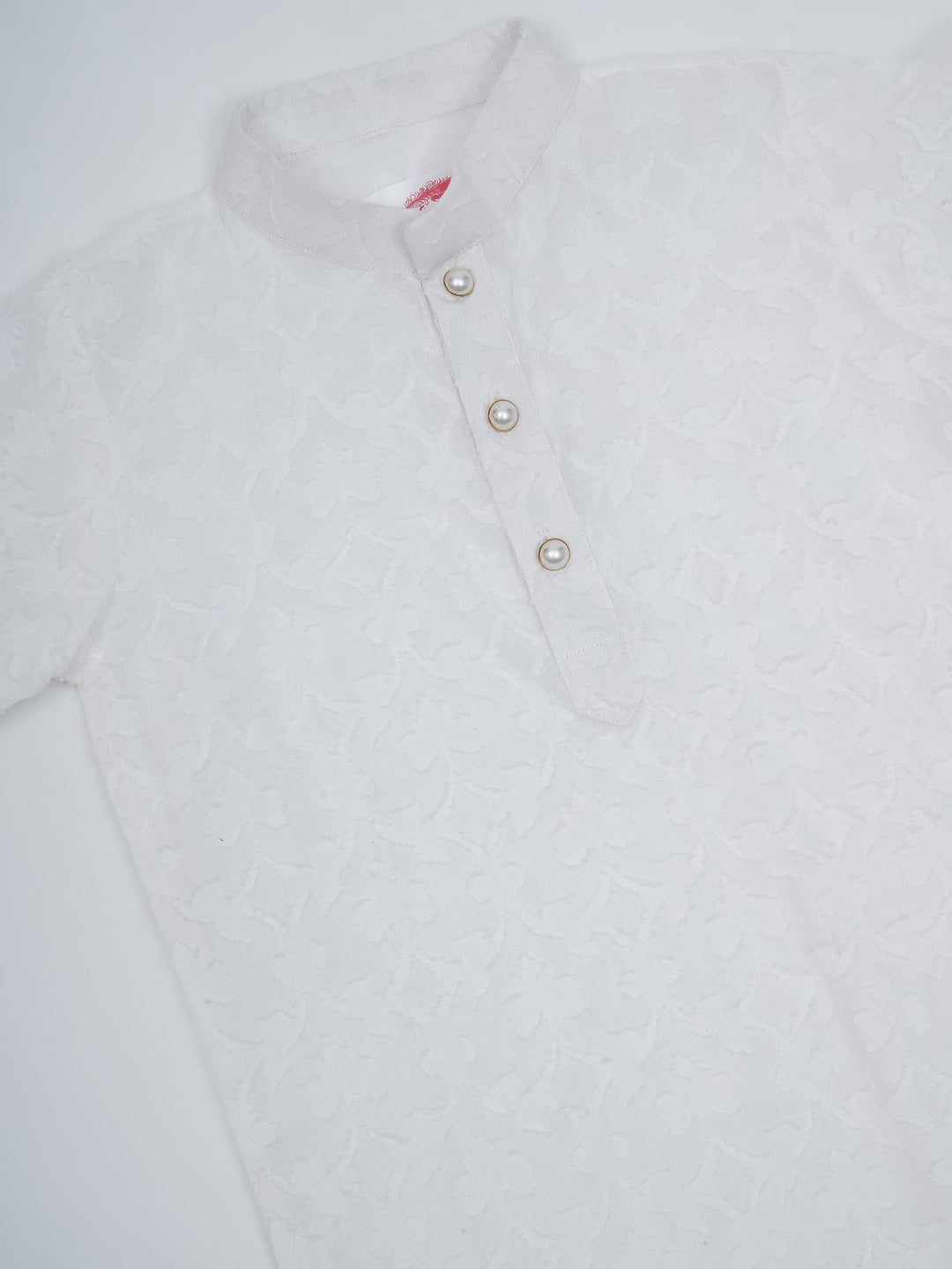 Boys Cotton Full Sleeves Self Weaving Kurta with Dhoti and Pearl Buttons - White | SHOBITAM