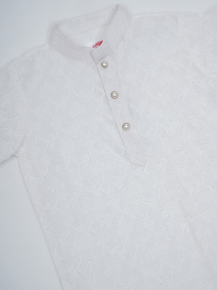 Boys Cotton Full Sleeves Self Weaving Kurta with Dhoti and Pearl Buttons - White | SHOBITAM