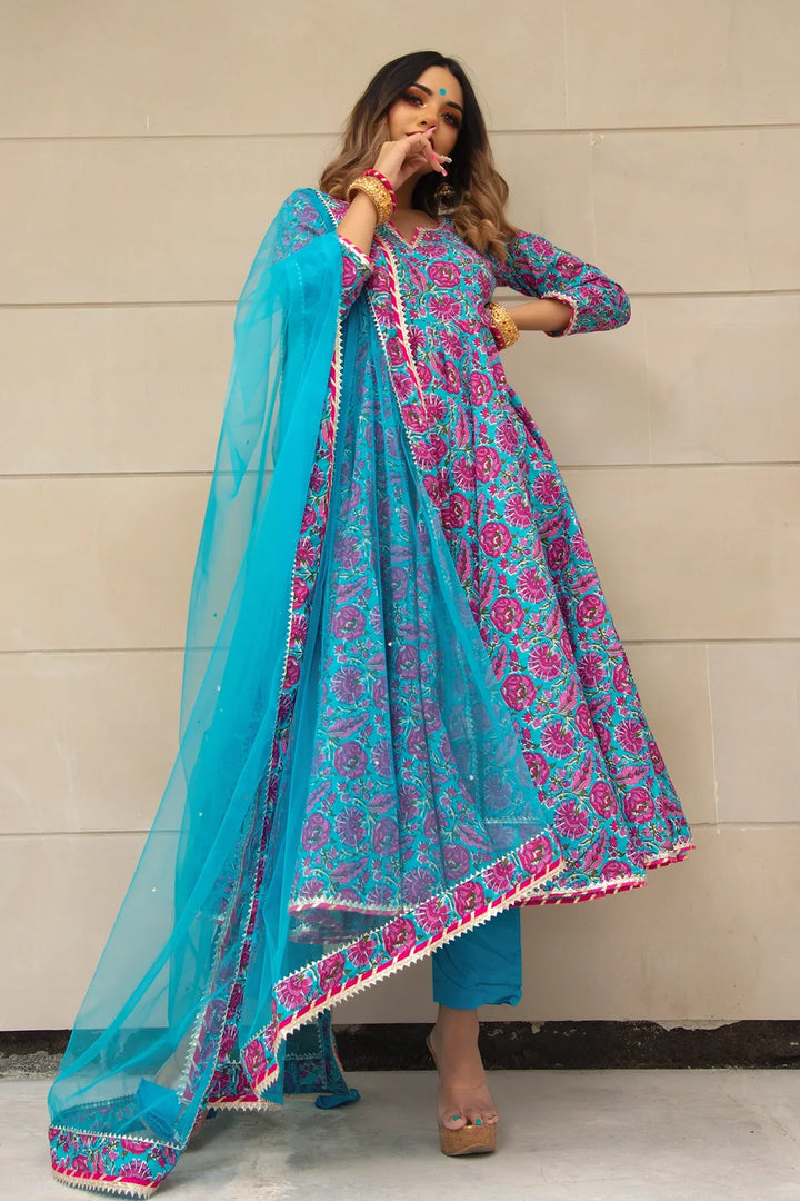CHITRA HAND BLOCK COTTON ANARKALI SET | SHOBITAM