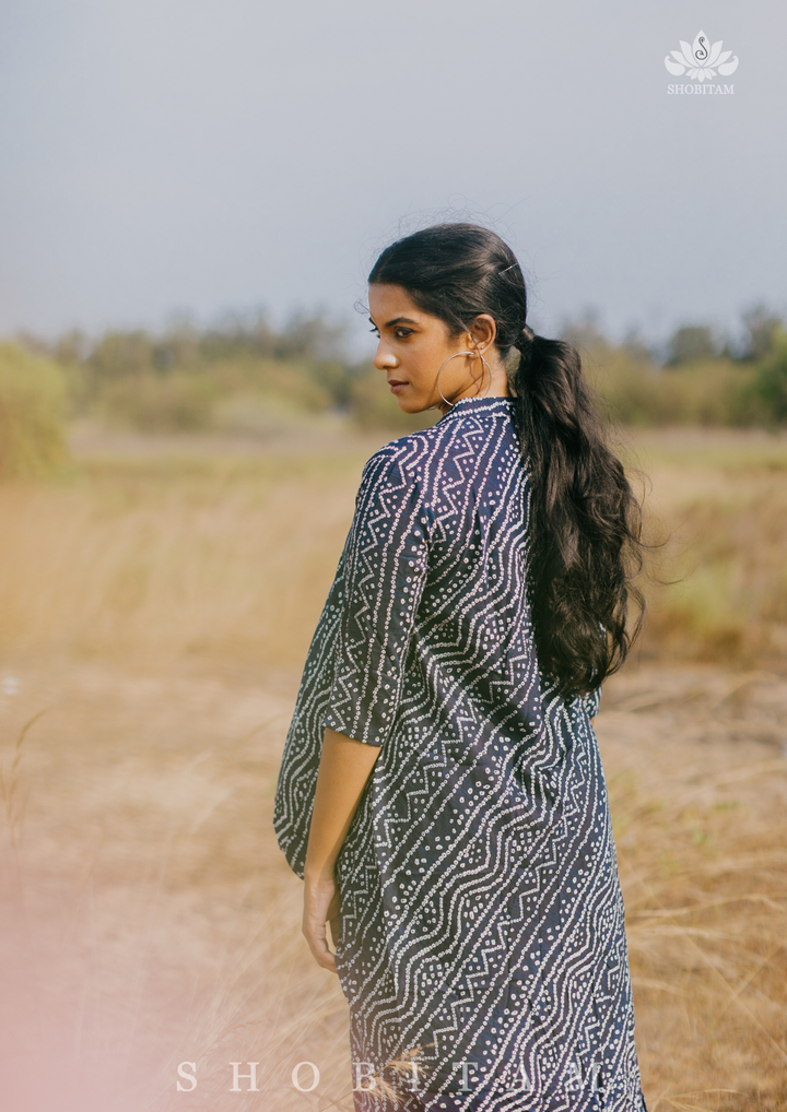 Co-ord set in Navy Blue with Bandhni Print on Rayon Cotton | Made To Order