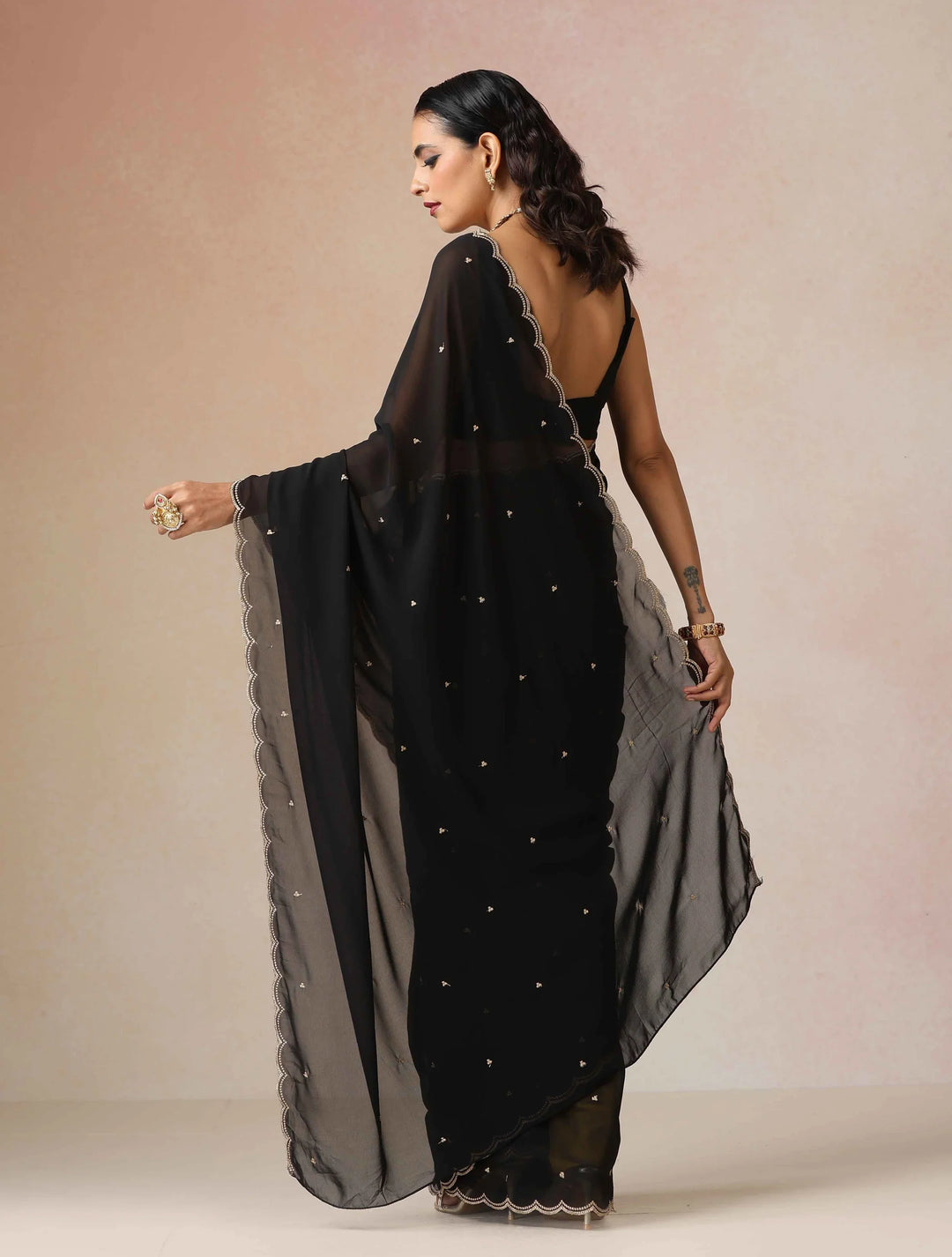 Black Georgette Embroidered Saree With unstitched Blouse | SHOBITAM