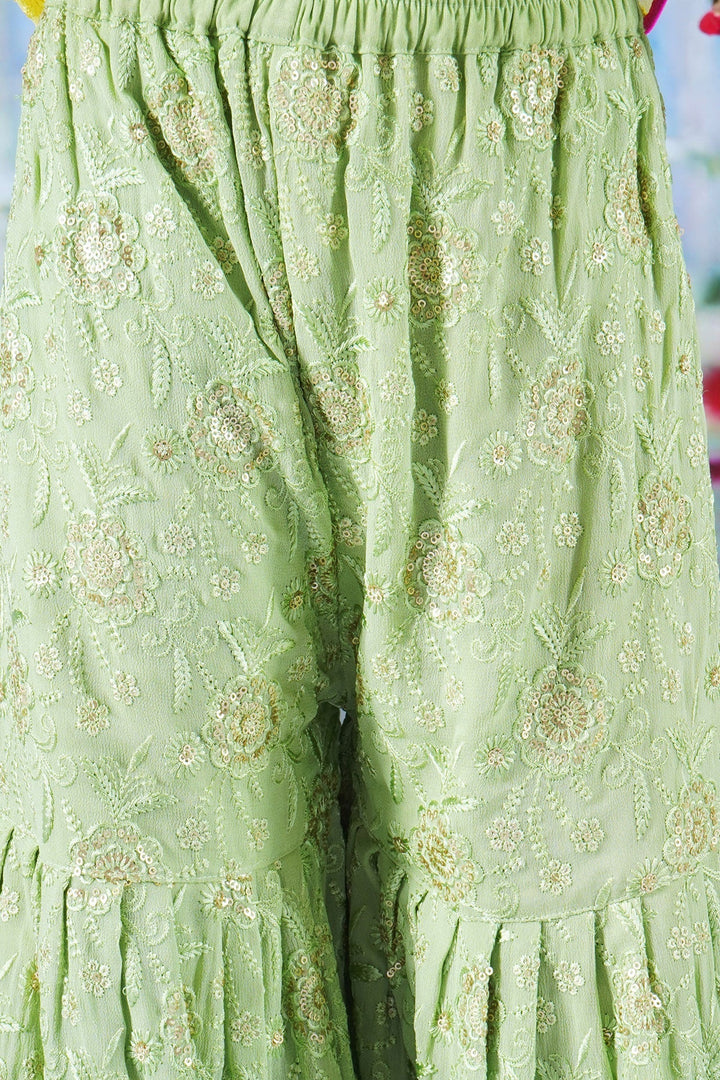 Girls Floral Embrodiery Angrakha Kurta with Sharara, Dupatta and Hand made Potli with Ghungroo work Tassel | SHOBITAM