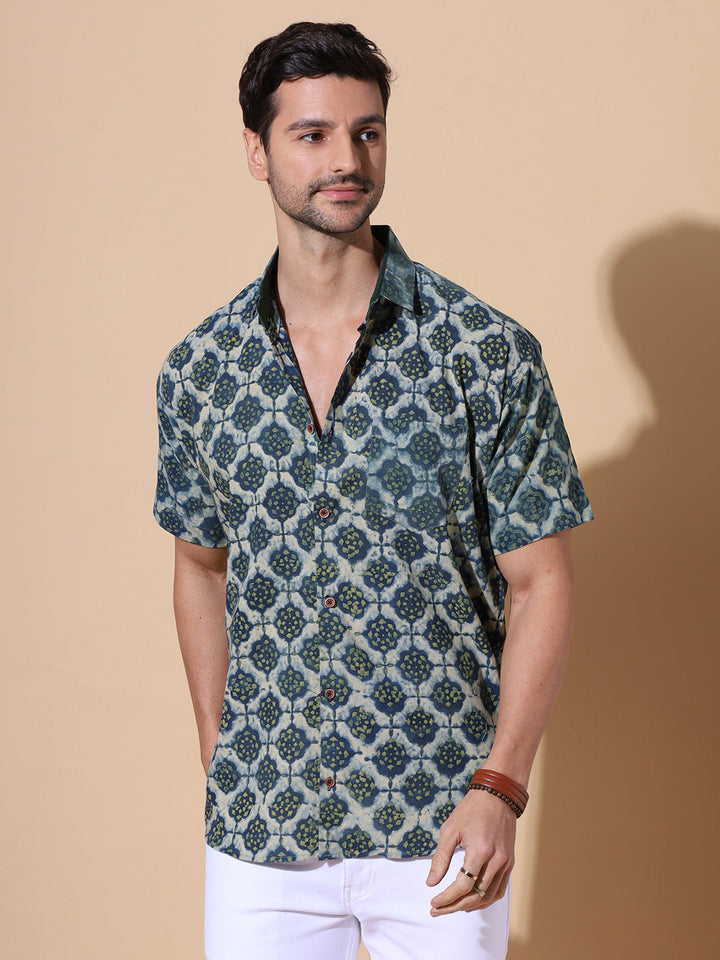 Indigo Dusk Ajrakh  Half Sleeve Artisan Print Shirt in Indigo for Men