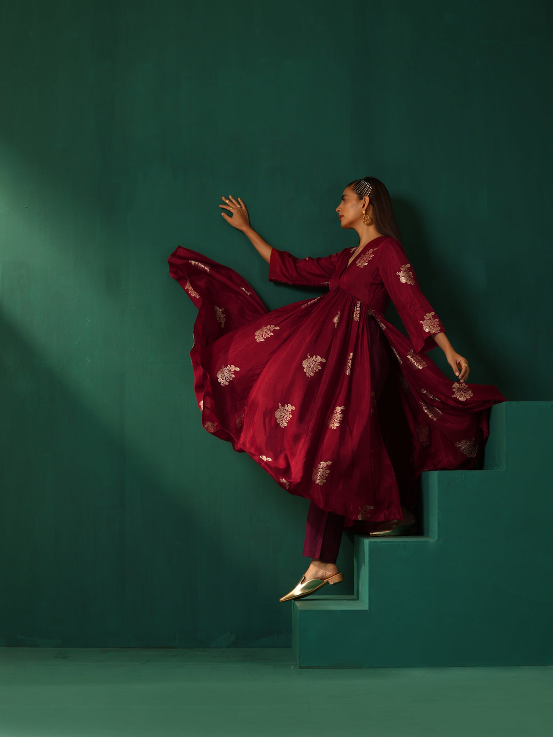 Maroon Floral Viscose Silk Kurta Pant Set  | SHOBITAM