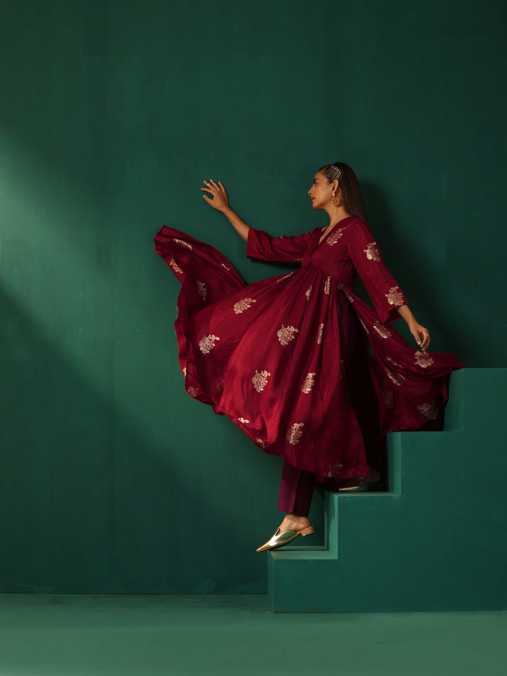Maroon Floral Viscose Silk Kurta Pant Set  | SHOBITAM