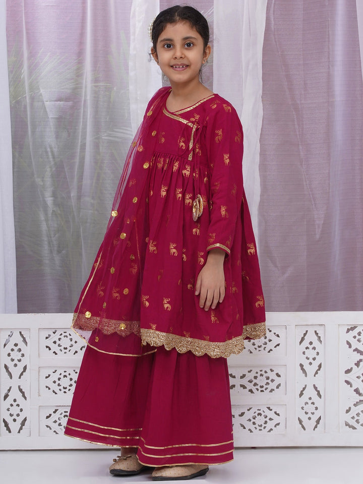 Girls Cotton Three Fourth Sleeves Angrakha Kurta with Sharara and Net Dupatta with Deer Design Zari Work - Rose Red | SHOBITAM