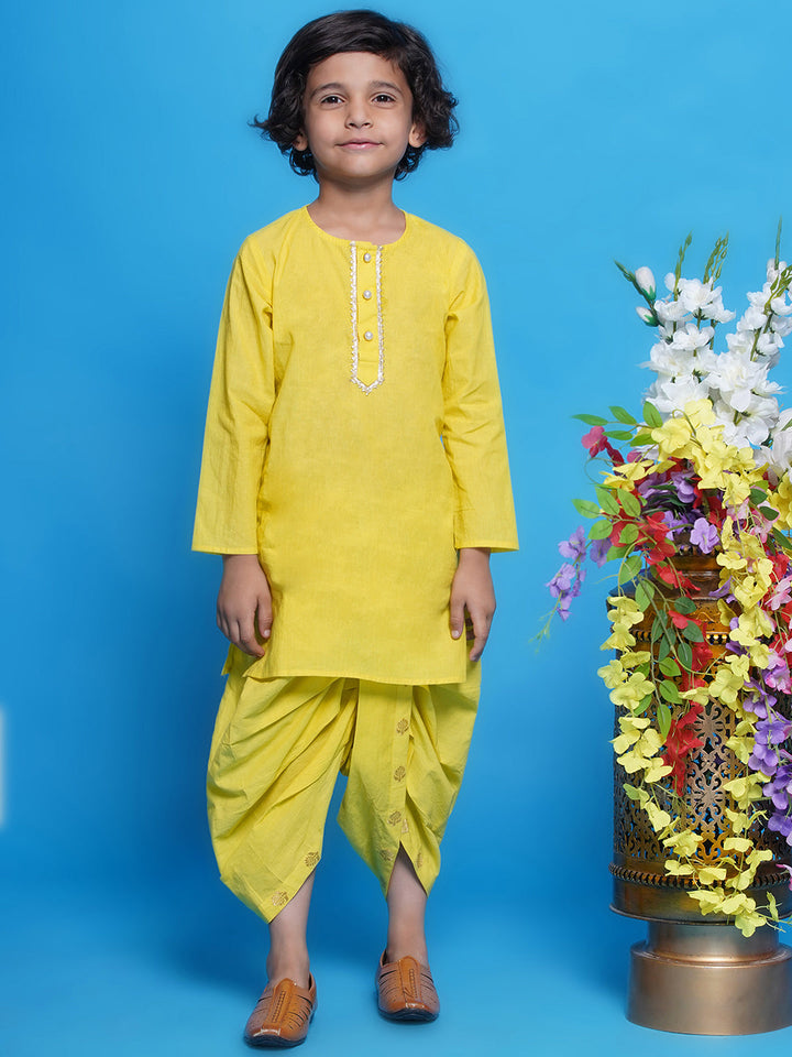 Cotton Sleevelees Golden Floral Embrodiery Nehru Jacket with Kurta and Dhoti - Kaccha Yellow | SHOBITAM