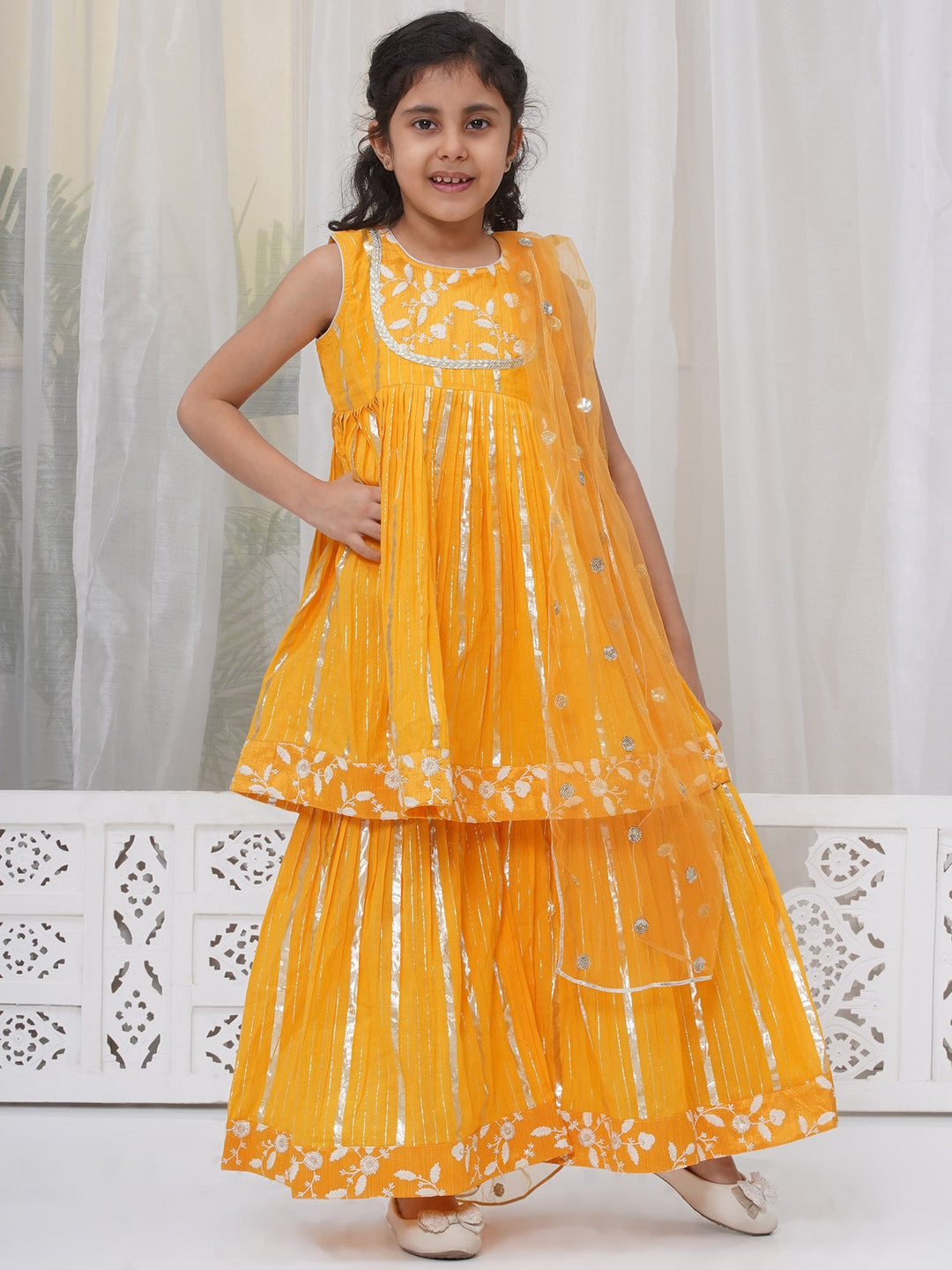 Girls Cotton Sleeveless White Thread Floral Embroidery Kurta Frock with Sharara and Dupatta - Haldi Yellow | SHOBITAM