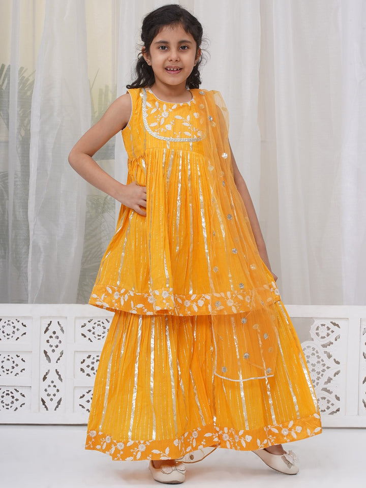 Girls Cotton Sleeveless White Thread Floral Embroidery Kurta Frock with Sharara and Dupatta - Haldi Yellow | SHOBITAM