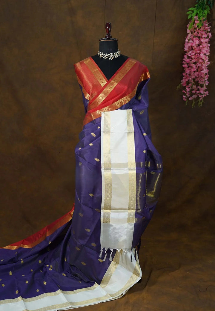 Blue Saree with ganga Jamuna Borders in Semi Silk| SHOBITAM