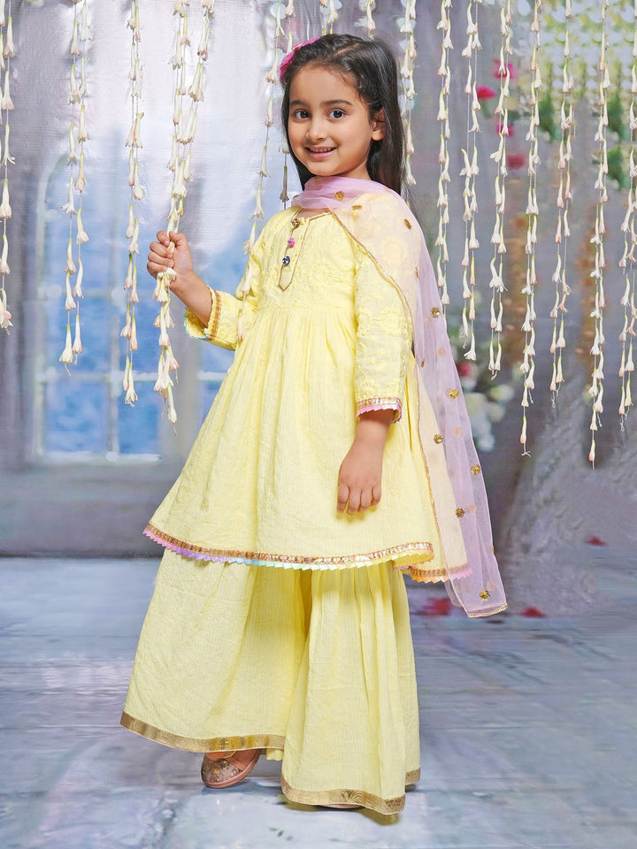 Floral Embroidery Kurta Sharara with Dupatta - Lemon Yellow | SHOBITAM