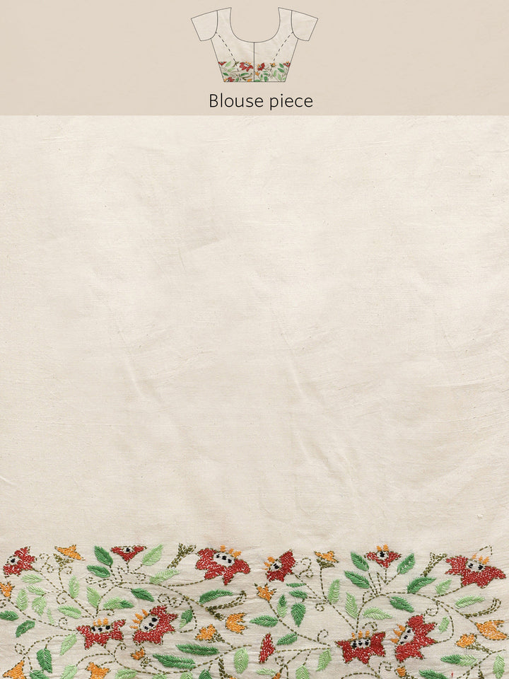 Cream Floral Kantha Cotton Saree | SHOBITAM