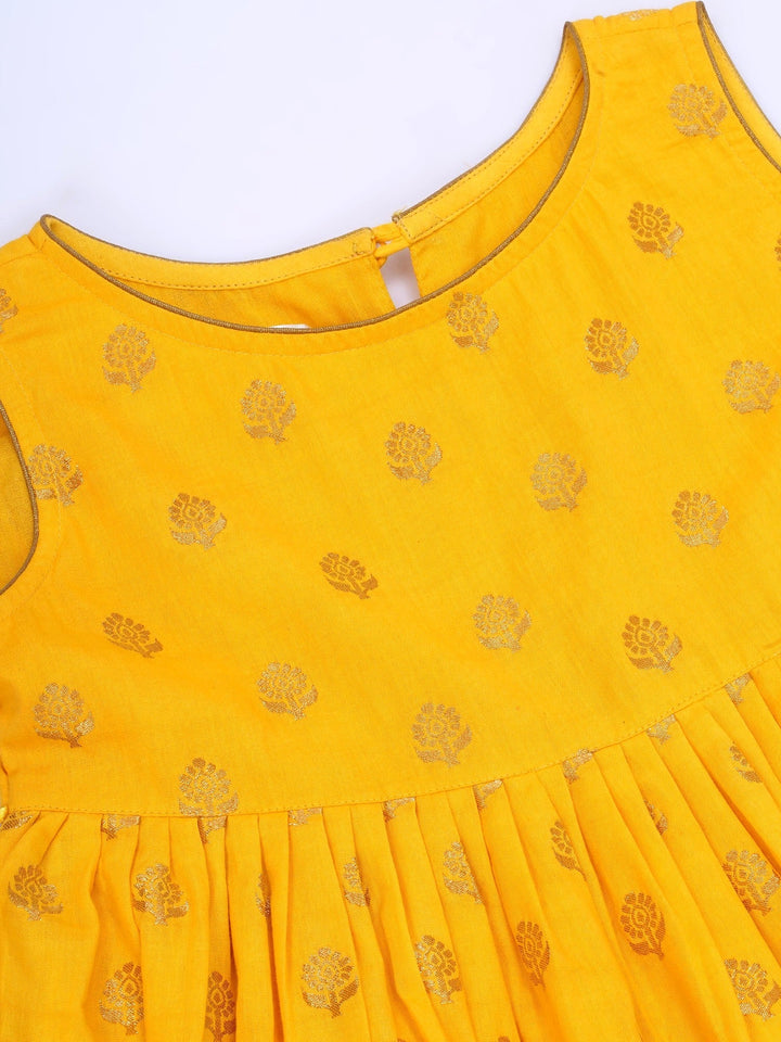 Girls Cotton Sleeveless Kurta Frock with Sharara and Dupatta with Golden Floral Zari Work - Haldi Yellow | SHOBITAM