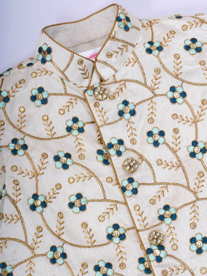 Boys Silk Brocade Full Sleeves Sherwani and Dhoti with Floral Embroidery & Kundan Buttons- Cream | SHOBITAM