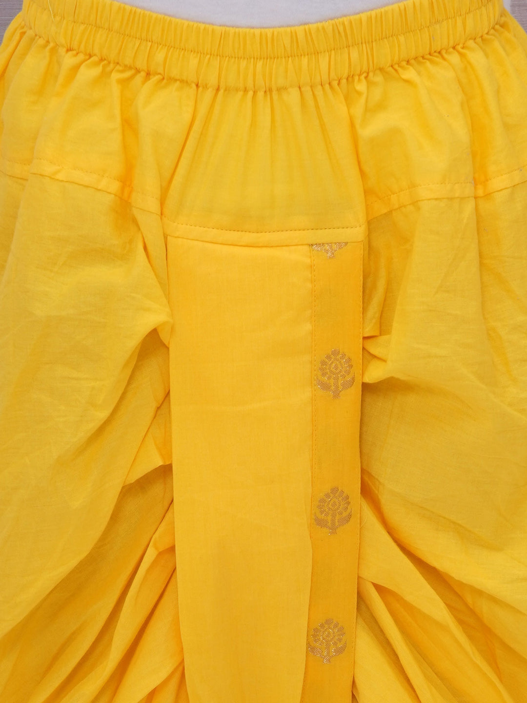 Boys Cotton Full Sleeves Kurta and Dhoti with Golden Floral Zari Work- Haldi Yellow | SHOBITAM