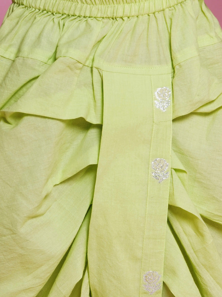 Cotton Full Sleeves Rose Zari Embroidered Kurta with Dhoti -Fern Green | SHOBITAM