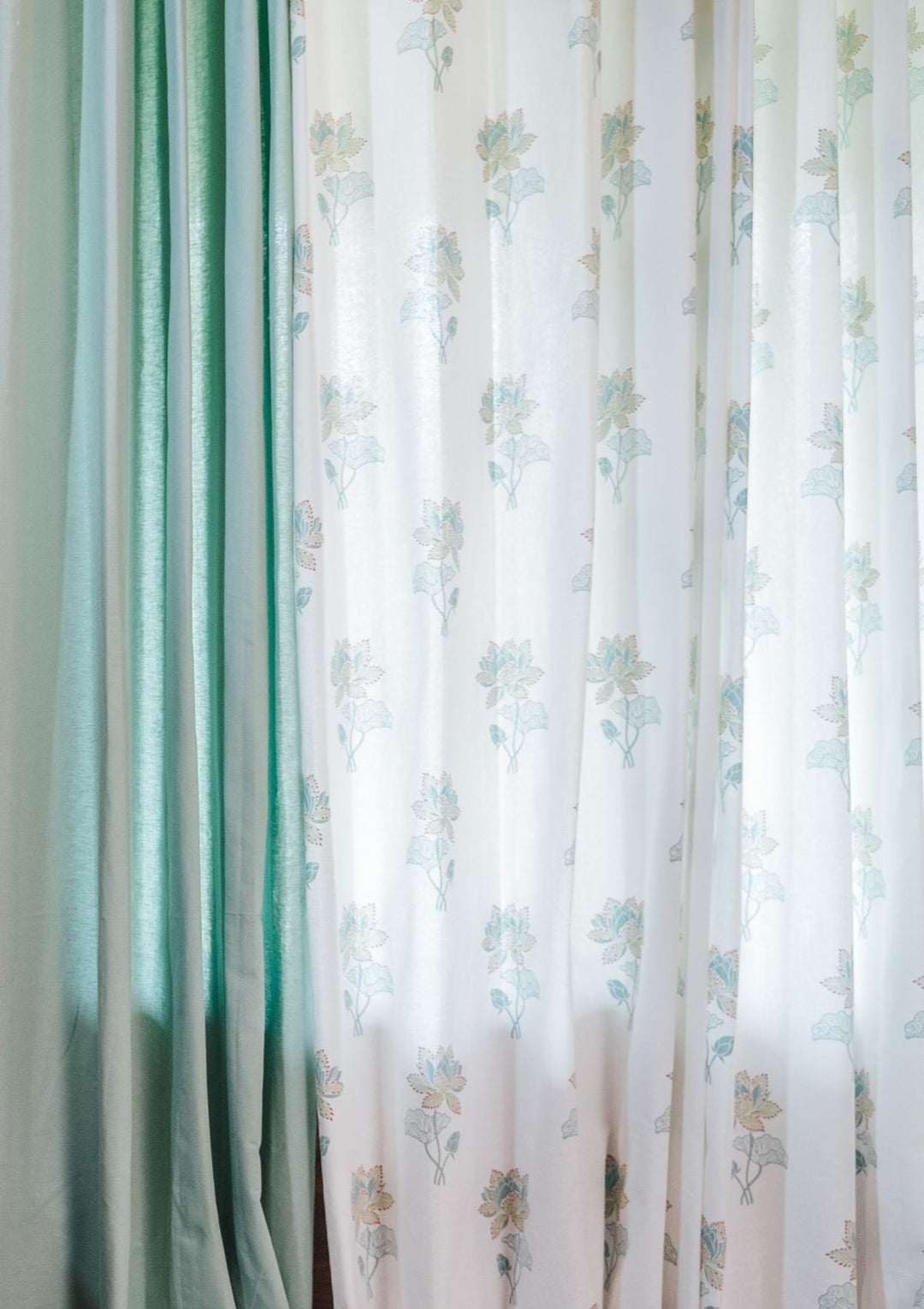 Kamala Floral Printed 100% Cotton Curtain for Living Room and Bedroom - Nile blue and Leaf Green - Single Piece | SHOBITAM