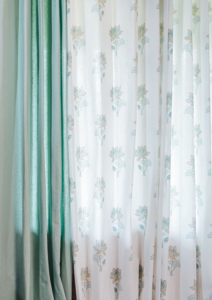 Kamala Floral Printed 100% Cotton Curtain for Living Room and Bedroom - Nile blue and Leaf Green - Single Piece | SHOBITAM