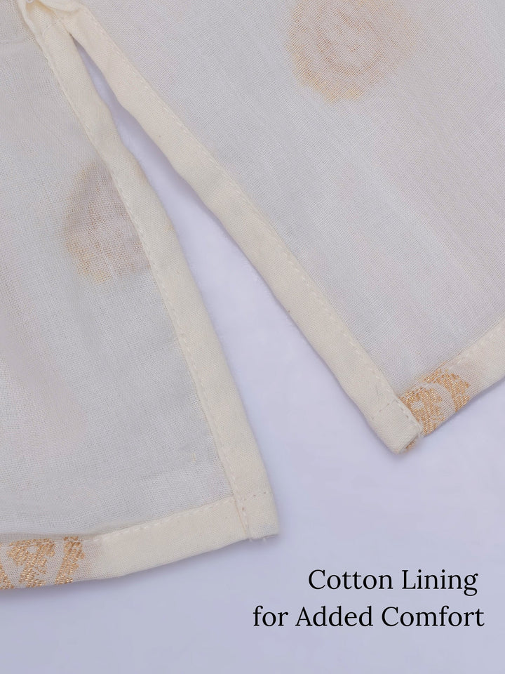 Boys Cotton Full Sleeves Kurta and Dhoti with Golden Paisley Zari Work- Cream | SHOBITAM
