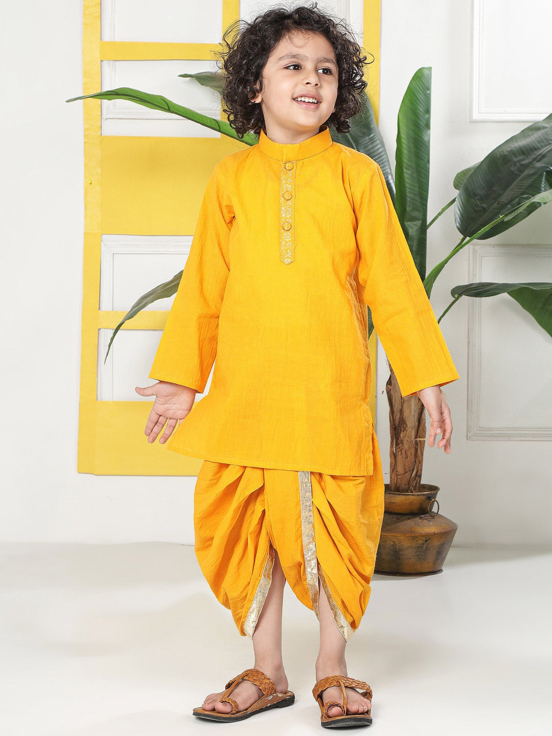 Yellow Minimal Zari Embroidery Cotton Kurta Dhoti set | SHOBITAM