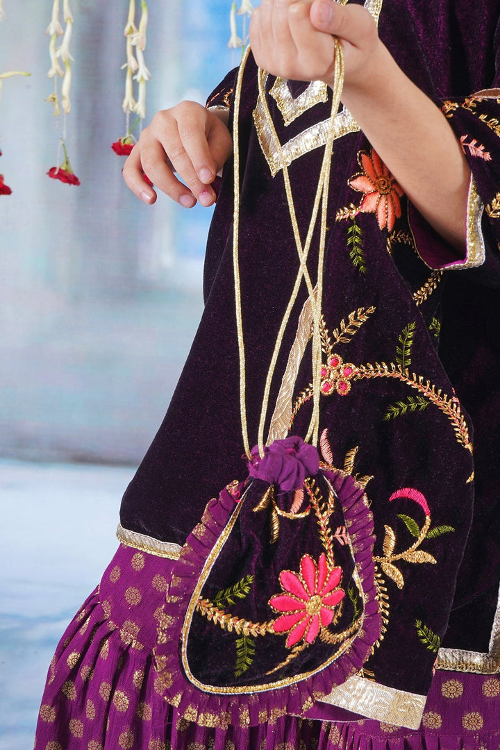 Girls Velvet Kurta with Banarsi Sharara and Embroided Dupatta with Potli | SHOBITAM