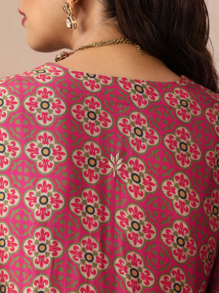 Pink Print Viscose Fit And Flared Kurta Set| SHOBITAM