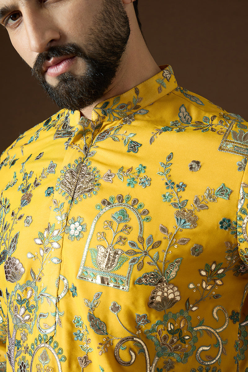 Yellow Georgette Solid Embroidered Straight Kurta Sets | SHOBITAM