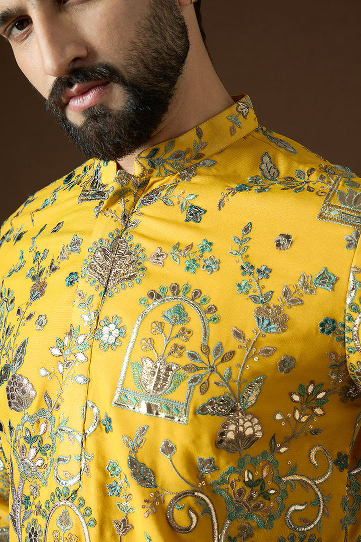 Yellow Georgette Solid Embroidered Straight Kurta Sets | SHOBITAM