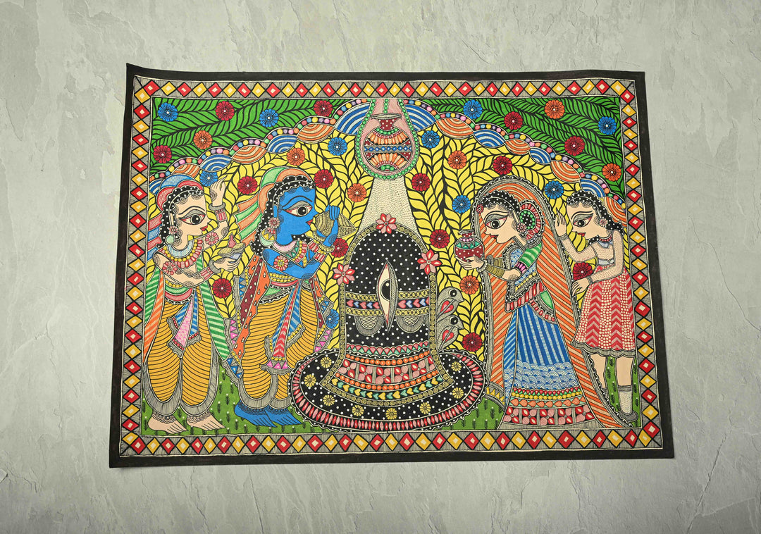 Rama Praying to Shiva at Rameswaram on Kalamkari Fabric, Unframed,30 x 22 | SHOBITAM