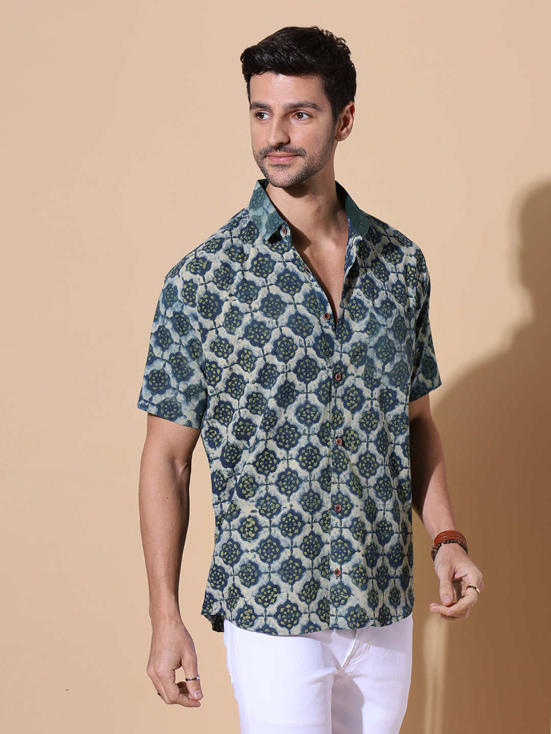 Indigo Dusk Ajrakh  Half Sleeve Artisan Print Shirt in Indigo for Men