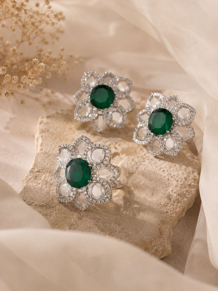 Emerald Green Floral Ring & Earrings Set | SHOBITAM