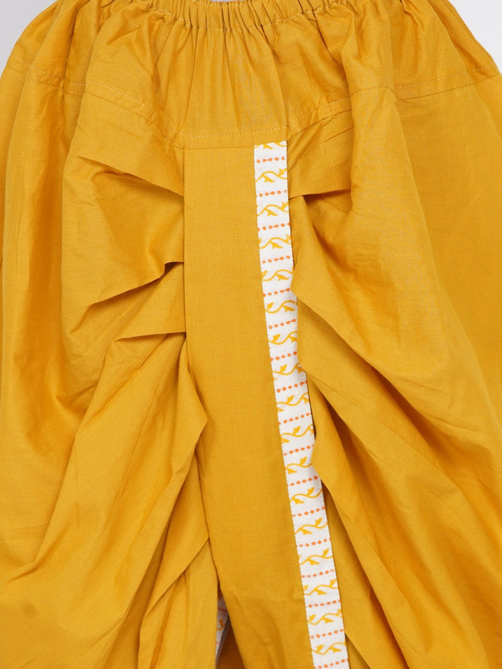 Boys Leaf Print Kurta with Pearl Buttons and Dhoti in Cream and yellow  | SHOBITAM