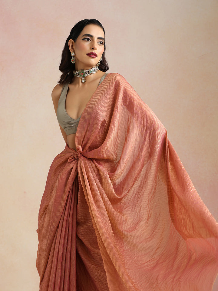 Peach Copper Tissue Saree With Unstitched Blouse | SHOBITAM
