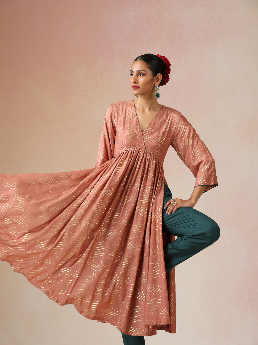 Peach Gold Foil Print Muslin Silk Anarkali High-Slit Kurta Set | SHOBITAM