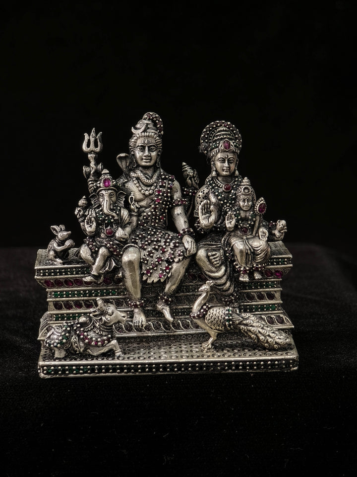 Exquisite Pure 92.5 Silver 3D Idol  Shiva Family with stone work, 360 degree work