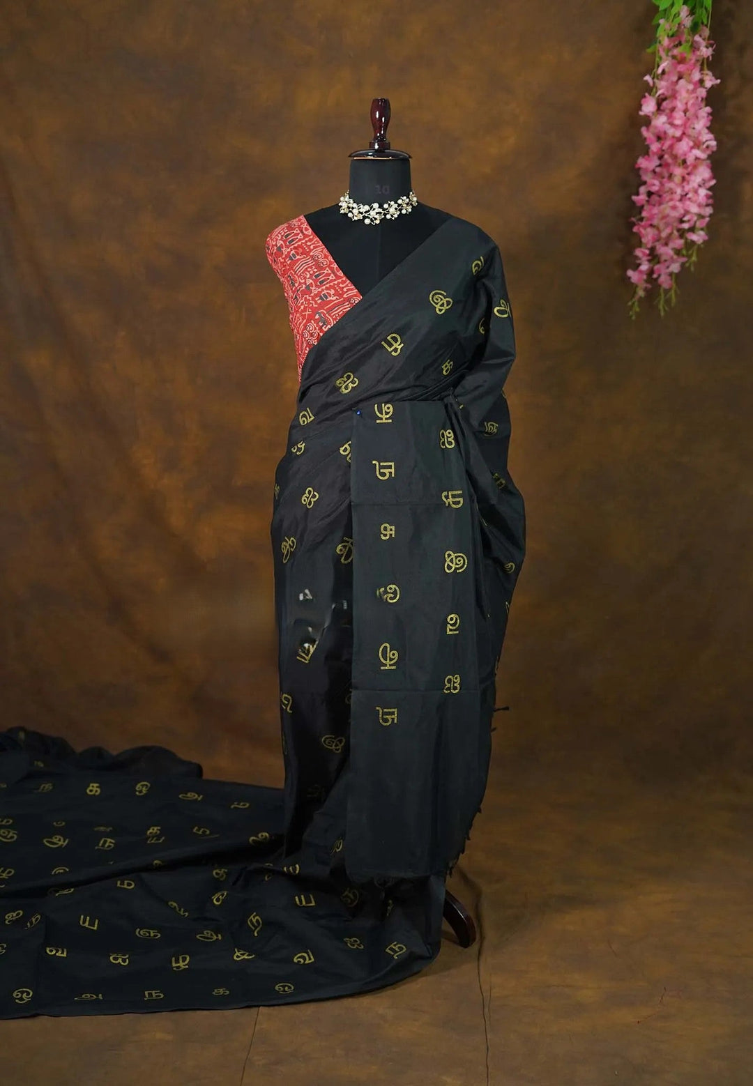 Preorder: Black Saree with  Tamizh Letters Handblock Printed on Bamboo Cotton  | SHOBITAM
