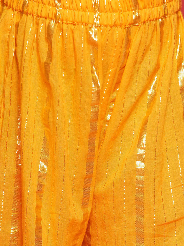 Cotton Three Fourth Sleeves Floral Embroidery Kurta Sharara with Jacket and Dupatta - Haldi Yellow | SHOBITAM