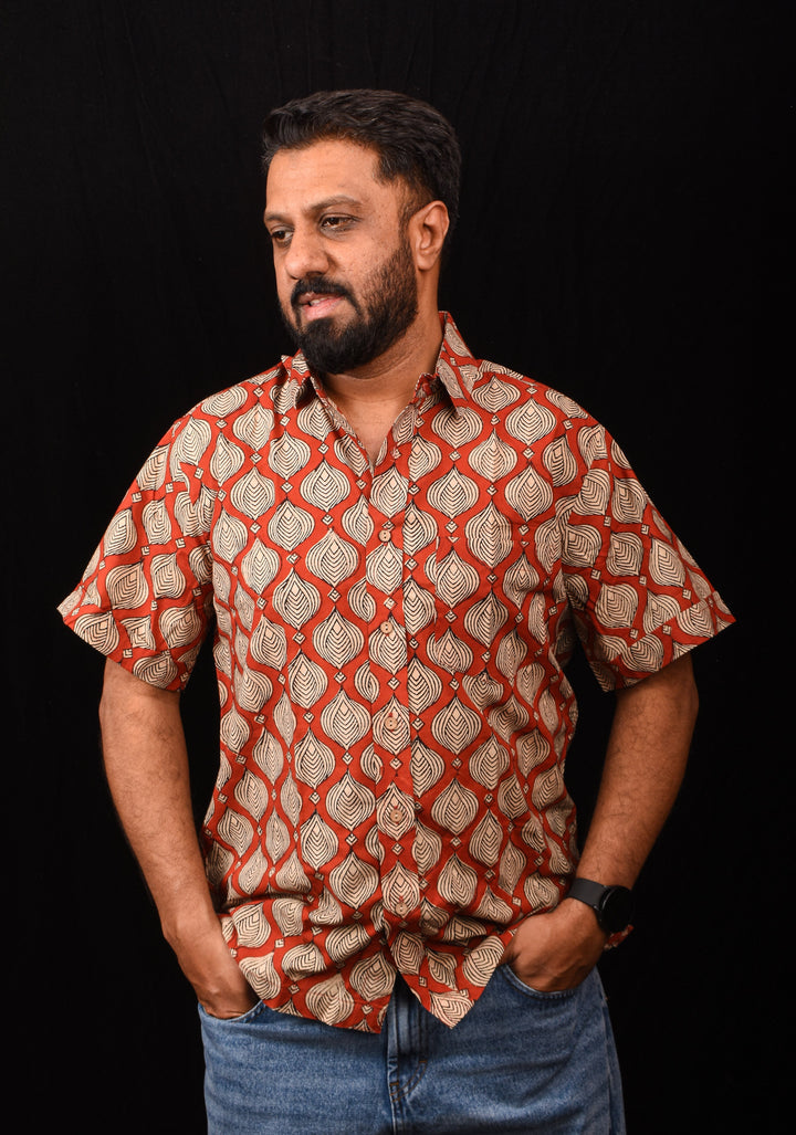 Red Black Bagru Handblock Printed Cotton Mens Shirt Musafir